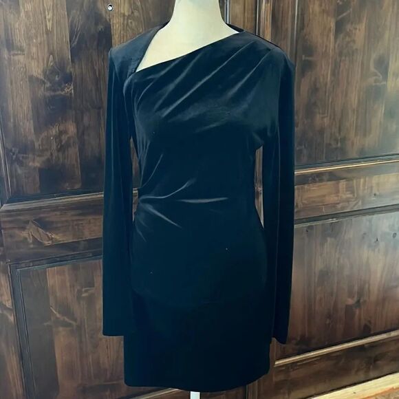 Zara Black Crushed Velvet Asym. Neck Body-Con Stretchy long-sleeved Dress, S - Picture 1 of 9